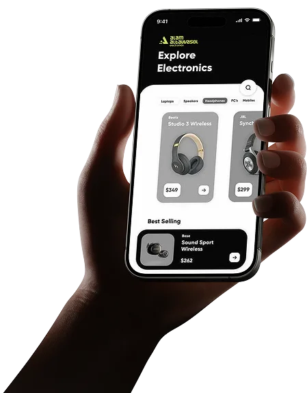 Alam Altawasol B2B mobile ordering app showcasing real-time inventory and smart headphone catalog